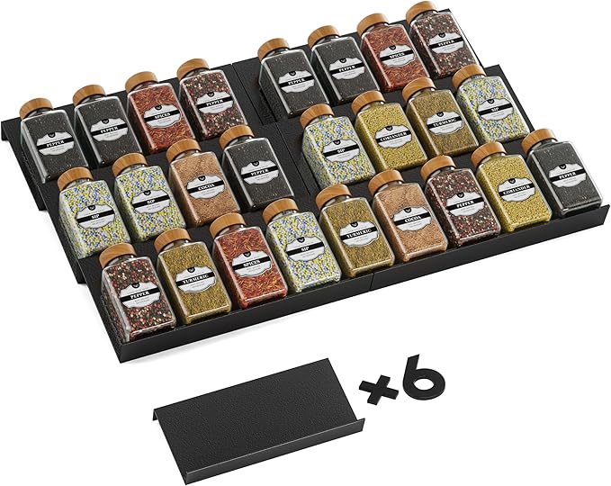 Artibear Aluminum Spice Drawer Organizer, Spice Rack Tray for Kitchen Cabinet, 6 Pieces Set-Expandable Seasoning Storage Rack From 8"-16" Insert for Drawer/Countertop (Jars Not Included)