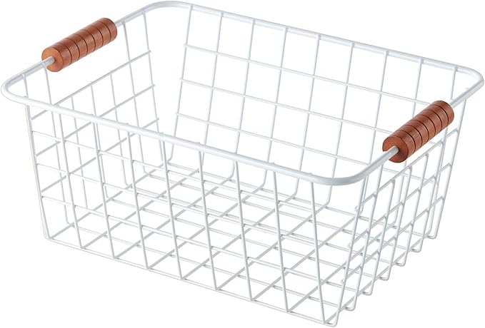 Wire Kitchen Storage Basket 2 Packs,Perfect Pantry Organization Accessories Baskets,Laundry Basket,With a Wooden Handle,Suitable for Kitchen,Bathroom,Bedroom,Tabletop,Stackable,White
