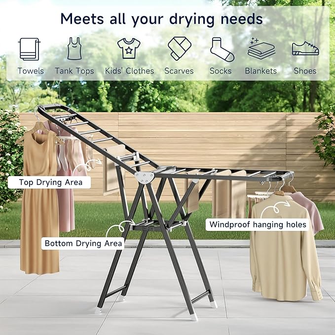 MIKEE Clothes Drying Rack,Foldable Laundry Drying Rack for Indoor & Outdoor Use，with Height-Adjustable Wings，2-Tier Clothes Rack with Windproof Hanging Holes and Wheels，132 lb