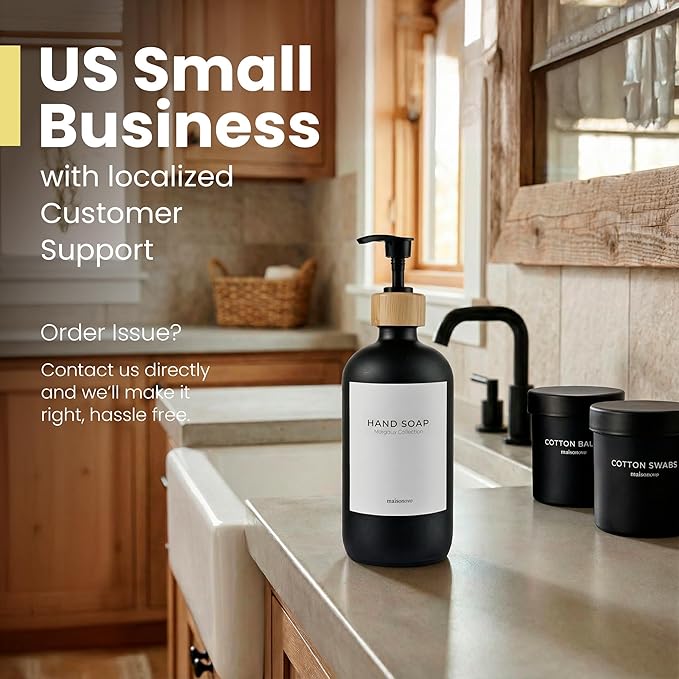 MaisoNovo Glass Hand Soap Dispenser | Dish Soap Dispenser for Kitchen | 16.9oz Black Bottles with Black Bamboo Pump | Bathroom Lotion Dispenser