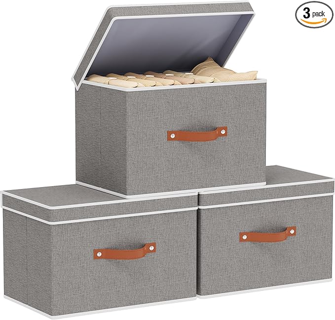 YheenLf Storage Baskets with Lids and Double Handles, Linen Foldable Storage Bins, 17.7 x 11.8 x 11.8 Inch Closet Organizer Boxes for Laundry Bedroom, Grey, 3-Pack