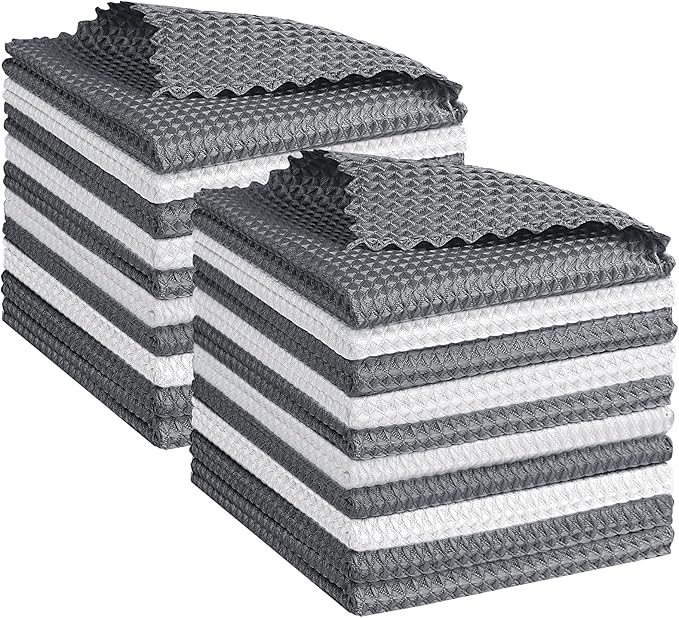 GLIMGLINT Waffle Weave Microfiber Towel,Lint Free Microfiber Cleaning Cloth for Household,Reusable Dish Towels,20Pack,11.5x11.5 Inch, (12 Grey, 8 White)