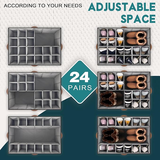 Shoe Organizer for Closet, Foldable Shoe Storage Bins with Clear Cover, Space Saving Shoes Holder with 4 Handles, Large Adjustable Shoe Box Storage Containers, Fits 12-24 Pairs, 1 Pack, Black
