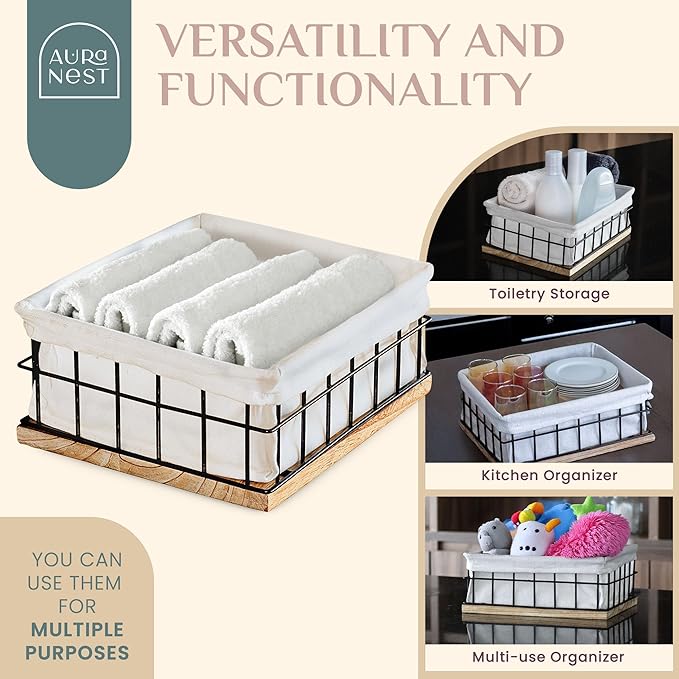 Metal Baskets for Organizing - Toiletries Black Metal Basket with Liner, Wooden Decorative Baskets for Home Decors, Bathroom Decor & Kitchen Decor, Bin Wire Basket Storage (X-Large)