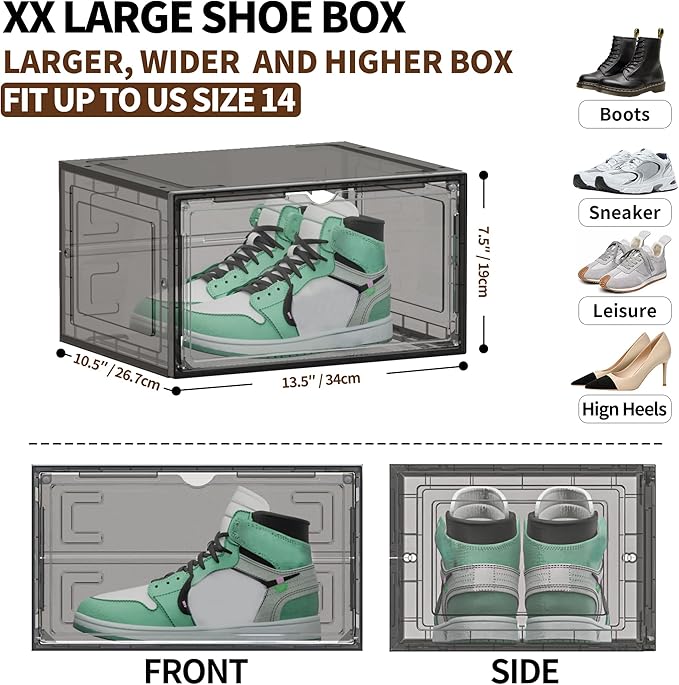 TOFWOF 10 Pack XX Large Shoe Organizer, Heavy-Duty Hard Thicken Plastic Clear Stackable Shoe Storage Box Organizer for Closet, Space-Saving Shoe Rack Display Case Bin Containers for Sneakers, Grey