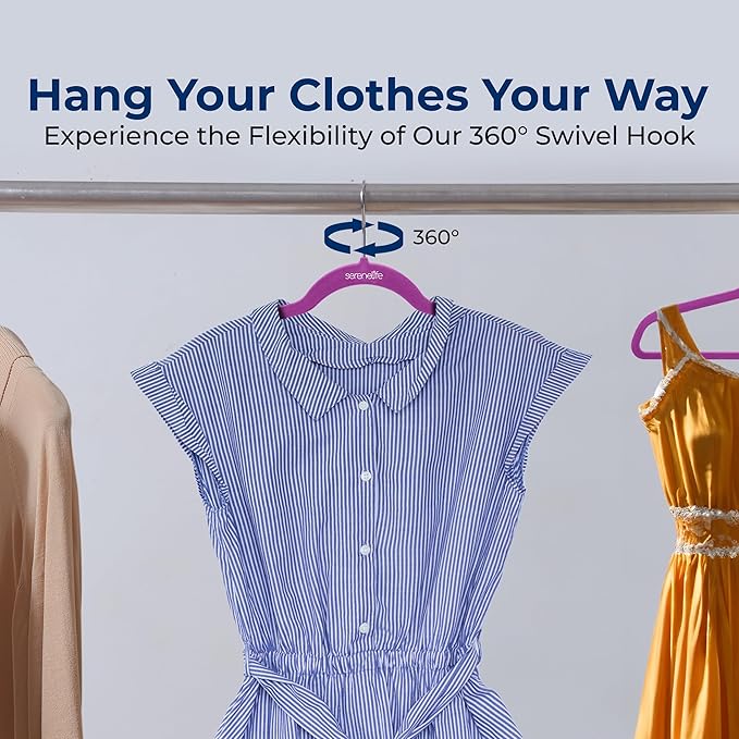 SereneLife 30 Pack Velvet Hangers – Non-Slip Clothes Hangers with Heavy Duty Design, Slim Space-Saving Coat Hangers with 360° Swivel Hook, Strong Lightweight Closet Organizer Set for Clothes (Purple)
