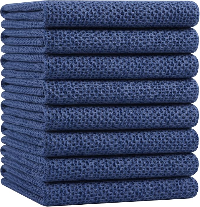 Homaxy 100% Cotton Waffle Weave Kitchen Dish Towels, Ultra Soft Absorbent Quick Drying Cleaning Towel, 20x28 Inches, 8-Pack, Navy Blue