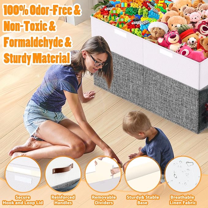 Large Toy Storage Box with Lid Divider, Sturdy Collapsible Toys Organizer Chest Kids Storage Bins Boxes Baskets for Boys, Girls, Nursery, Bedroom, Living Room, Playroom, 25"x13"x16", Gray and White