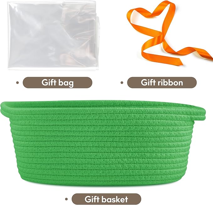 Pro Goleem Small Woven Basket with Gift Bags and Ribbons Durable Baskets for Gifts Empty Small Rope Basket for Storage 12"X 8" X 5" Baby Toy Basket with Handles, Grass Green