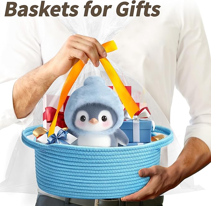Pro Goleem Small Woven Basket with Gift Bags and Ribbons Durable Baskets for Gifts Empty Small Rope Basket for Storage 12"X 8" X 5" Baby Toy Basket with Handles, Blue