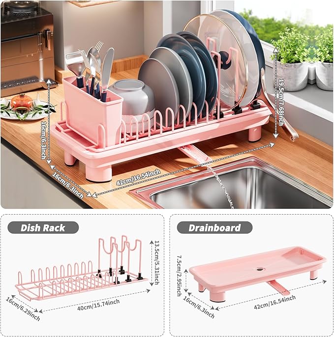 SanDream Small Dish Drying Rack with Removable Utensil Holder & Anti-Scratch Base - Stainless Steel Dish Rack, Dish Drying Rack with Drainage & Space Saving Design for Kitchen Counter, Pink