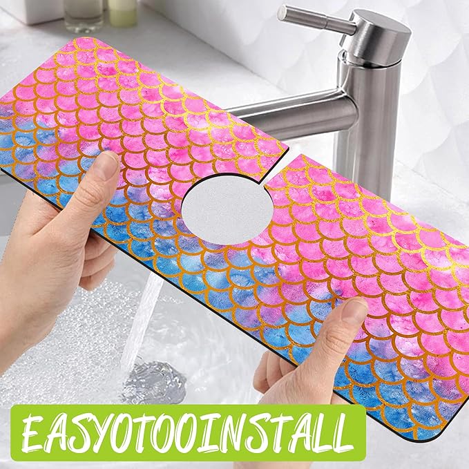 Sink Splash Guard Faucet Mat Watercolor Fish Scales Absorbent Fast Drying Mat Sink Gadgets Splash Guard Behind Faucet Drip Catcher for Kitchen Bathroom 15.5"X5.5"