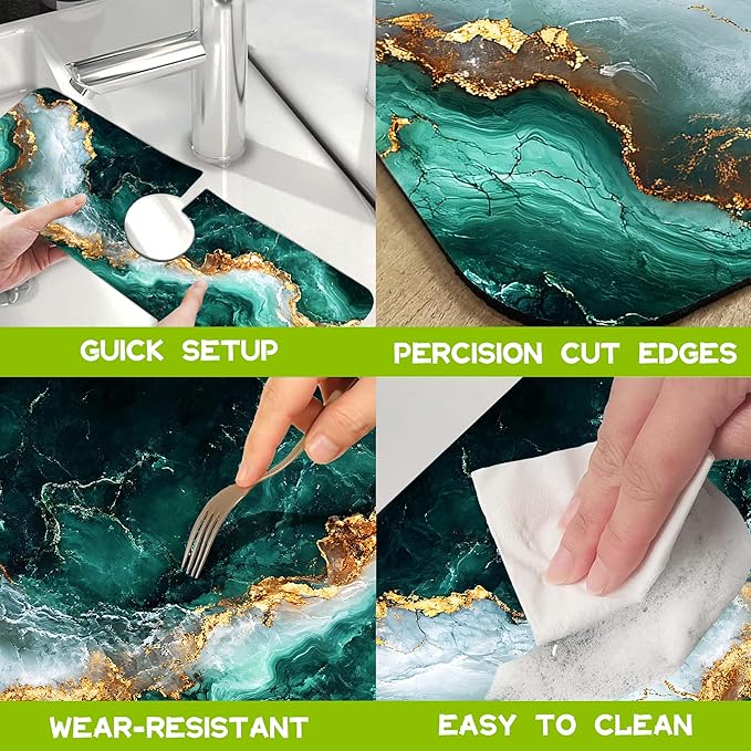 Kitchen Sink Splash Guard Faucet Mat Super Absorbent Fast Drying Mat Guard Behind Faucet Drip Catcher for Kitchen Bathroom (Emerald and Gold Marble Texture, 23.5"X5.5")