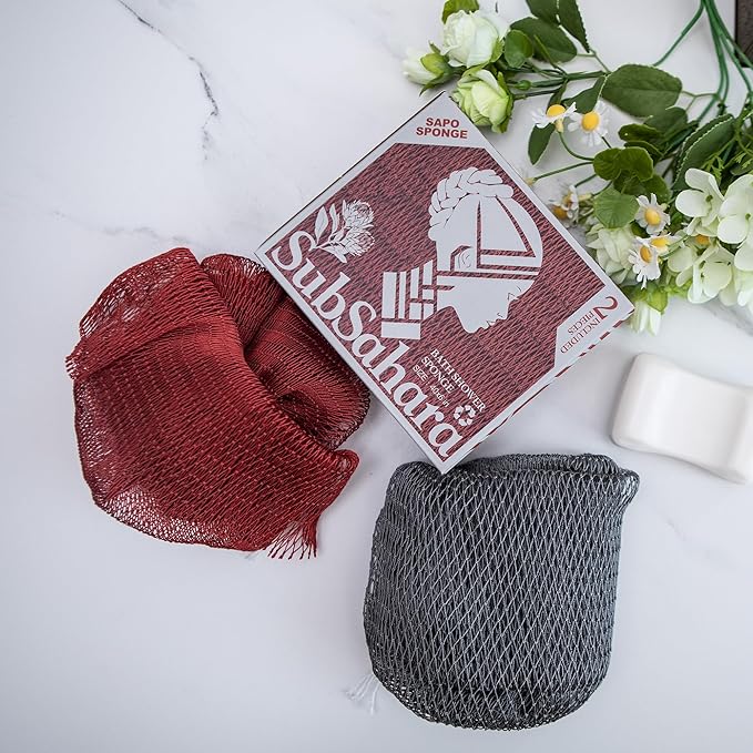 SubSahara Authentic African Net Sponge - 2 Pack Exfoliating Bath & Shower Loofah Sponge for Body & Face, Gentle Scrubber for All Skin Types, Travel, Durable (Gray & Rust Red)