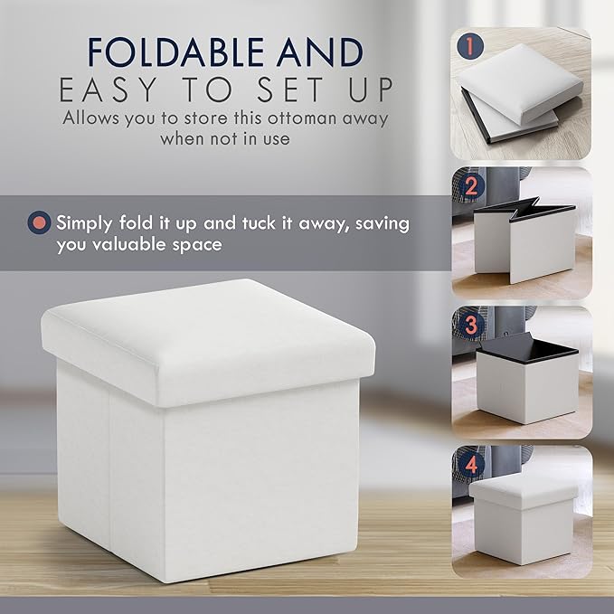 Ornavo Home Small Storage Ottoman, Set of 2 Foldable Collapsible Cube Square Linen Ottoman Foot Rest Stool Seat, for Living Room, Bedroom, Home Office, Dorm - 12 x 12 x 12, White