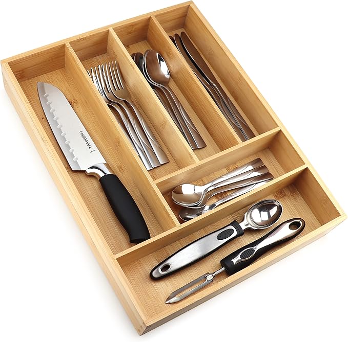 Silverware tray organizer– Flatware Utensil Cutlery Silverware Holder for Drawer – Small Extra-Deep Wooden Kitchen Drawer Organizer Divider for Spoons Forks Knives cutleries (6-Slots)