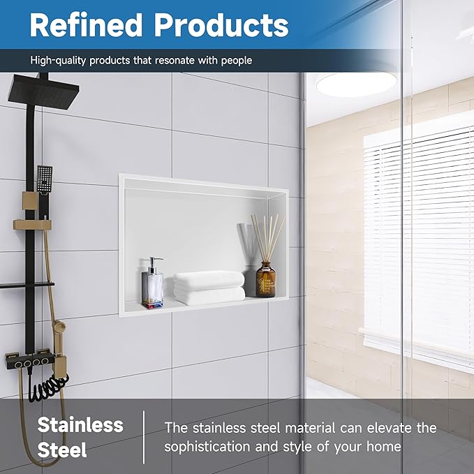 BATHFINESSE Shower Niche No Tile Needed, 18 x 12 Insert Shower Niche, Recessed Shelf for Bathroom Storage Over Mount Installation, White