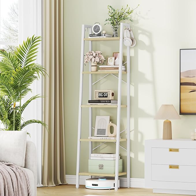 Ladder Shelf, Bookshelf Bookcase, Freestanding Corner Storage Shelve with 2 Hooks for Home Office, Living Room, Kitchen, Bedroom, Industrial, 11.8" D x 17.3" W x 63" H, White Oak and White