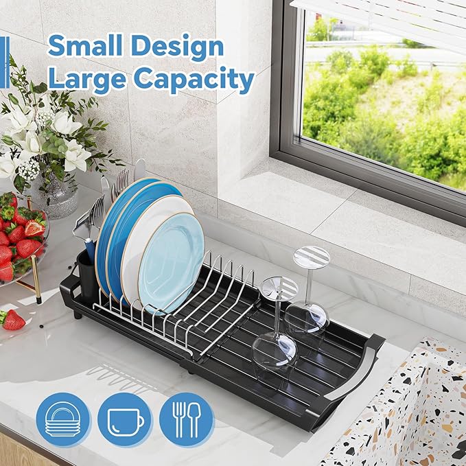 Simple Trending Small Dish Drying Rack, Compact Expandable Dish Rack with Cutlery Holder, Sink Dish Drainer for Kitchen Countertop, Black