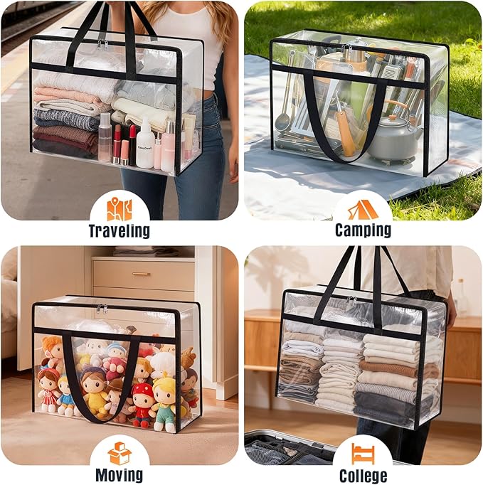 Clear Under Bed Storage Containers - 4 Pack Large Capacity Clothes Storage Bags with Lid & Sturdy Handles, Foldable Moving Bags, Clothing Organizer Totes for Bedding, Comforter, Sheet（90 L）