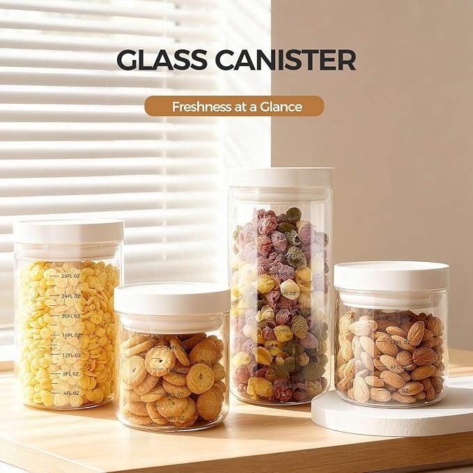 Danbark Set of 4 30oz Airtight Glass Storage Canisters with Lids - Pantry Organizers and Storage Glass for Kitchen - for Pantry, Flour, Sugar, Coffee, Tea, Pasta, Rice, and Snacks - White