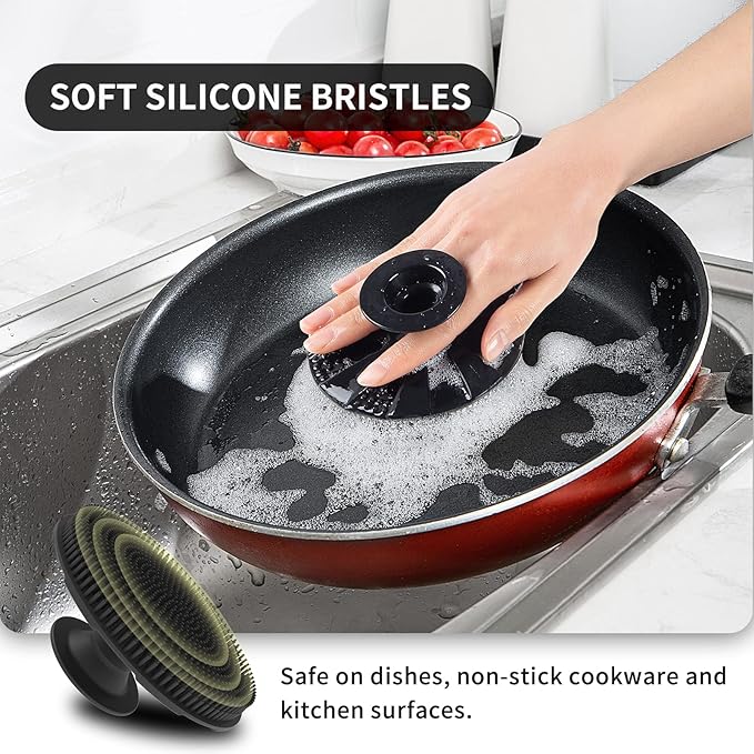 Silicone Sponge, BEAUTAIL Non-Scratch Scrub Sponges, for Washing Dishes and Cleaning Kitchen, Long Lasting and Reusable Dishwashing Scrubber, Suction Up Hang Designed, 2 Pack, Black+Olive Green