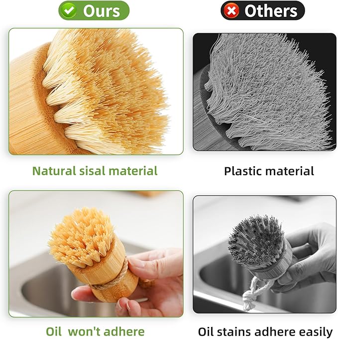 SUBEKYU Bamboo Dish Scrub Brushes for Kitchen, Wooden Cleaning Scrubbers Set for Washing Cast Iron Pan/Pot, Natural Sisal Bristles, Set of 2