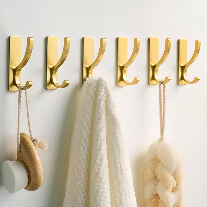 pickpiff Adhesive Wall Hooks for Towels - Sticky Hook Hanging Heavy Duty (13lb), Hanger for Door, Bathroom, Dorm, Closet - for Coats, Purse, Bag, Robe - No Damage to Wall - Gold 10 Pack
