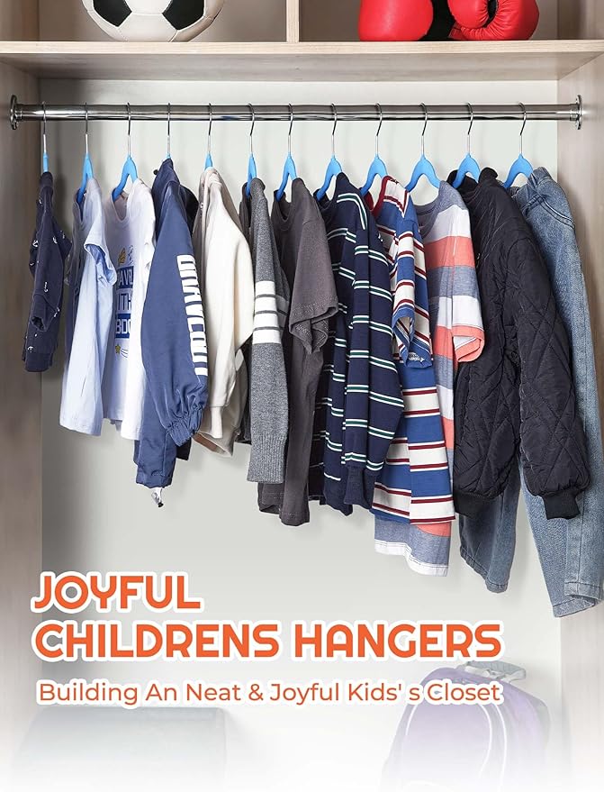 HOUSE DAY 14 Inch Kids Velvet Hangers 50 Pack, Durable Big Kids Hanger for Youth, Non Slip Kid Felt Hangers, Cute Childrens Hanger for Closet, Blue