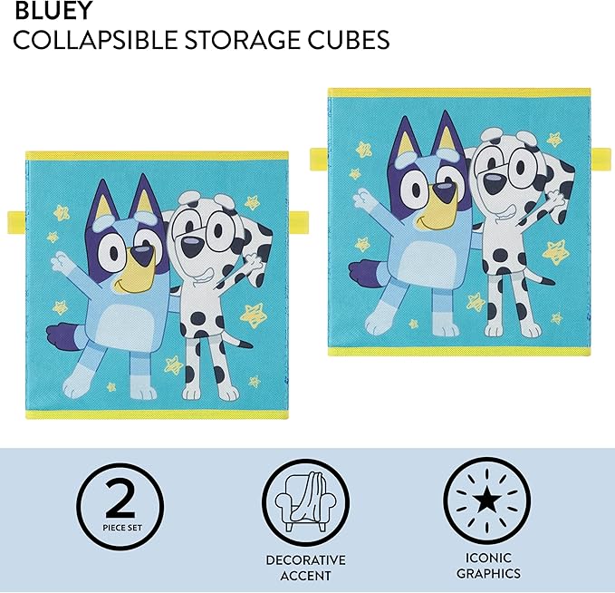 Bluey Set of 2 Collapsible Storage Cubes,10"x10"x10" Fabric Bins for Kids, Spacious Foldable Toy Organizer Boxes for Bedroom, Playroom, or Closet