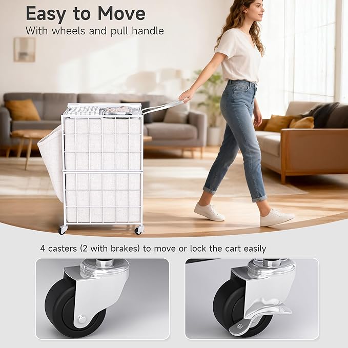 90L Laundry Basket with Wheels, Large Capacity Laundry Hamper with Removable Liner Bags, Heavy Duty Laundry Sorter with Solid Wood Lid & Leather Handles (White) TLH001W01