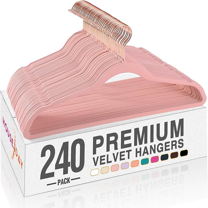 HOUSE DAY Lt Pink Velvet Hangers 240 Pack, Premium Non-Slip Clothes Felt Hangers, Sturdy Black Heavy Duty Coat Hanger, Durable Space Saving Suit Hanger, No Marks 360° Rose Gold Rotating Hook