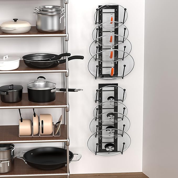 8 Layers of Adjustable Pot Lid Organizer Rack for Cabinet Door/Wall，2Pack Lid Organizer Pots and Pans Holder for Kitchen Storage with No Drilling Adhesive 5.7 W“(Black)
