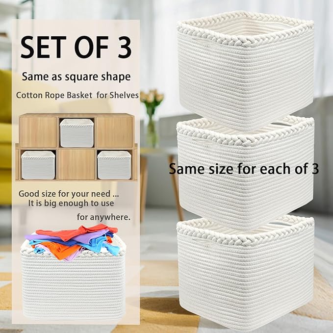 COMFY-HOMI 3Pack Small Woven Cotton Rope Basket for Organizing, Gift Baskets for Handles, Empty Gift Baskets, Medium Rope Basket|13.5" x 11" x 9.5" home decor for Living Room, Bathroom