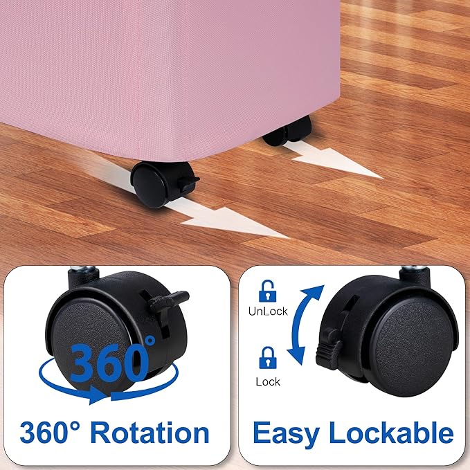 Slim Laundry Hamper with Lid and Wheels, Small Rolling Laundry Basket with Handle for Small Spaces, Tall Dirty Clothes Hampers for Dorm, Bathroom and Bedroom, 55L, Pink