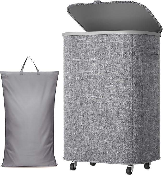 Lifewit 85L Plastic Laundry Basket with Lid, Large Clothes Hamper with Wheels and Removable Bag, Tall Collapsible Rolling Storage Bin for Dorm Bedroom Bathroom, Light Gray