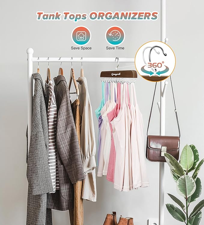 Bra Hanger for Closet, 1 Pack Tank Top Hanger w/20 Hooks Capacity Foldable Wood Space Saving Hangers, 360°Rotating Closet Organizers and Storage for Dorm & Apartment for Bra Scarf Ties(Brown)