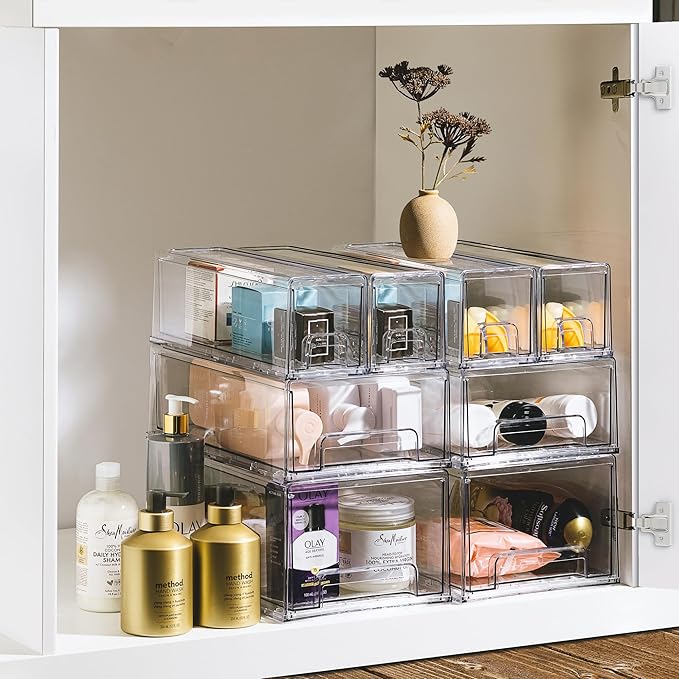 Sorbus Medium Clear Stackable Storage Drawers – 6-Pack Plastic Organizer Bins with Handles – Stackable Pull-Out Storage Drawers for Closet, Pantry, Office, Bathroom, Craft, and Toy Organization