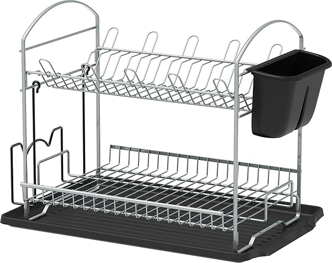 Simple Houseware 2-Tier Dish Rack with Drainboard, Silver