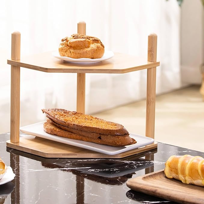 2 Pack 2-Tier Expandable Bamboo Corner Shelf - Dish/Plate Organizer for Cabinet, Kitchen Counter Shelf & Small Kitchen Shelf, Adjustable(2, 6.7" H)