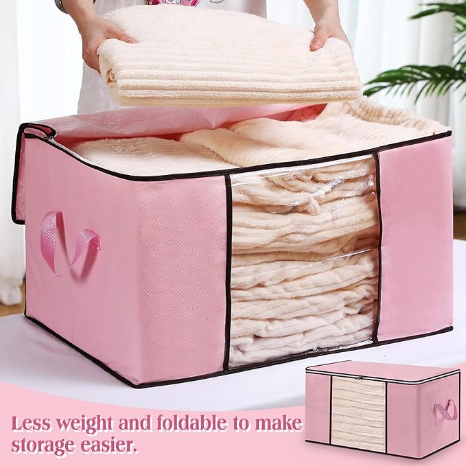6 Pack 90L Clothes Storage Bags Dorm Storage Containers with Clear Window Handle Organization Bins for Comforter, Pillows, Closet and College Dorm Essentials(Pink)