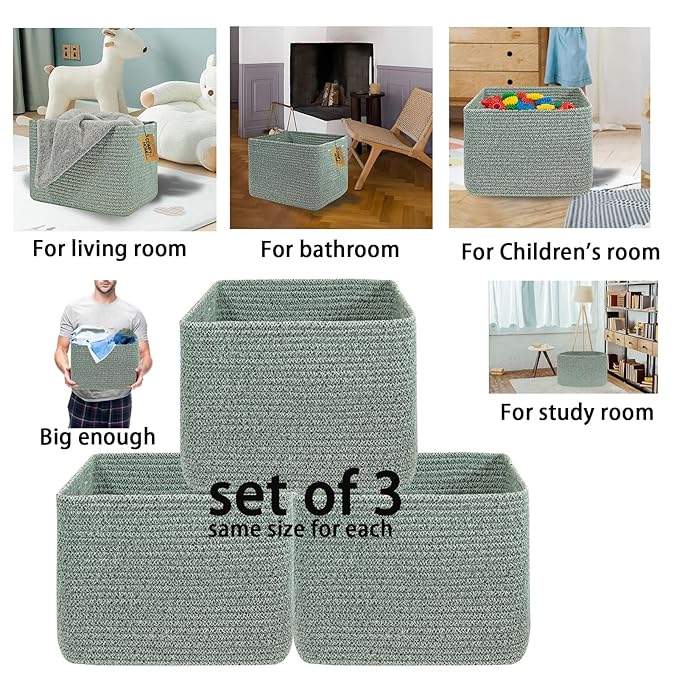 COMFY-HOMI 3Pack Small Woven Cotton Rope Basket for Organizing, Gift Baskets for Handles, Empty Gift Baskets, Medium Rope Basket|13.5" x 11" x 9.5" home decor for Living Room, Bathroom