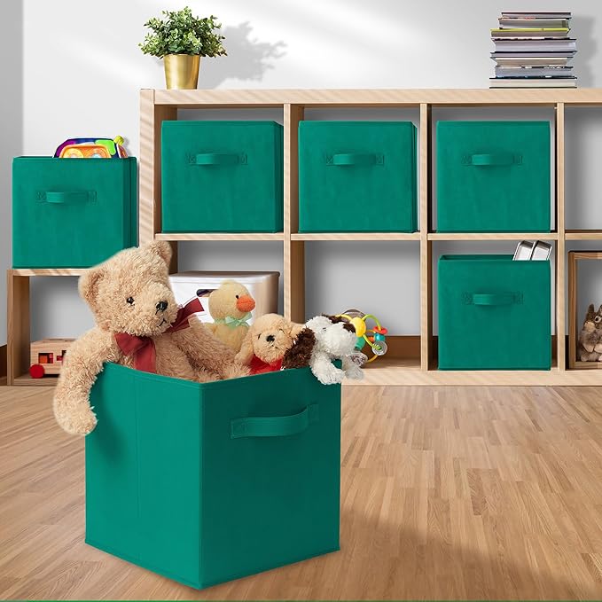 Casafield Set of 6 Collapsible Fabric Cube Storage Bins, Teal - 11" Foldable Cloth Baskets for Shelves, Cubby Organizers & More