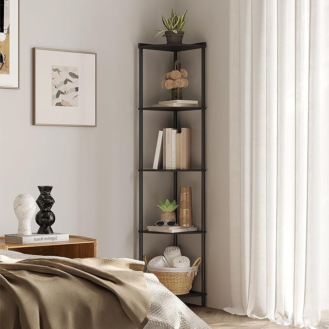 SUNMORY 5 Tier Corner Shelf Stand, Industrial 65" Corner Shelves Display Shelf for Living Room Decor, Wall Corner Bookshelf Multi Unit Organizer, Tall Shelf Plant Stand for Bedroom, Bathroom, Black