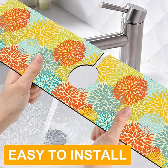 2 Pack Abstract Flowers Sink Splash Guard Faucet Mat Vintage Floral Super Absorbent Fast Drying Mat Sink Gadgets-Splash Guard Behind Faucet Drip Catcher for Kitchen Bathroom, 23.5"x5.5"