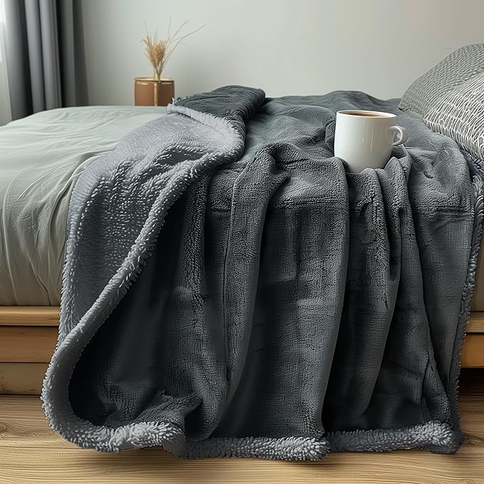 Waterproof Blanket Double Size - Sherpa Fleece Reversible Throw, Soft Warm Leak-Proof Bed & Couch Protector for Kids, Pets & Everyday Spills (Charcoal Grey/Silver Grey, 85x90)