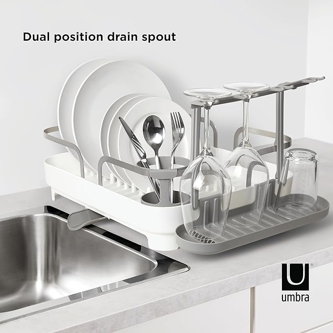 Umbra Holster Dish Rack– Molded Plastic Dish Drying Rack with Drainage Spout, White