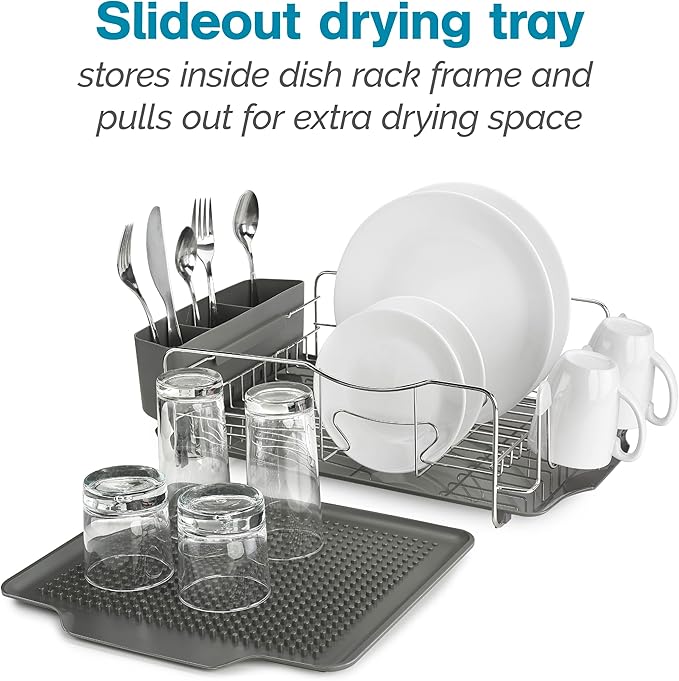 Polder KTH-615 Dish Rack, 4 PC Combo– Advantage System Includes Rack, Drain Tray, Removable Drying Tray & Cutlery Holder – Stainless Steel & Plastic