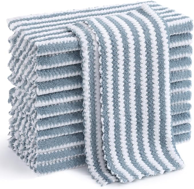 Homaxy 12 Pack Kitchen Dish Cloths, Ultra Soft and Absorbent Dish Towels, Reusable Fast Drying Microfiber Cleaning Cloth, Coral Velvet Wave Design No-lint, 10 x 10 inches, Dusty Blue