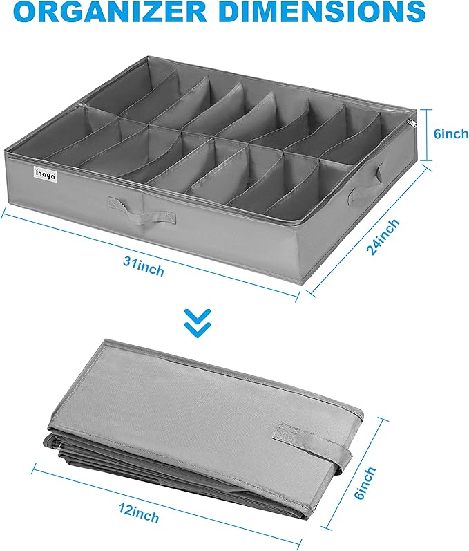 INAYA Under Bed Shoe Storage Organizer Set of 2, Fits 32 Pairs, Underbed Shoe Box Storage Containers Adjustable Dividers w/Bottom Support, Clear Foldable Shoes Storage w/Reinforced Handles